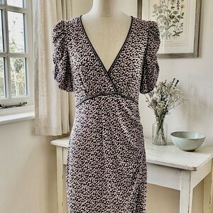 Max Studio| Black, Pink & White Ditzy Floral Midi Dress w/Feminine Ruching Sz M